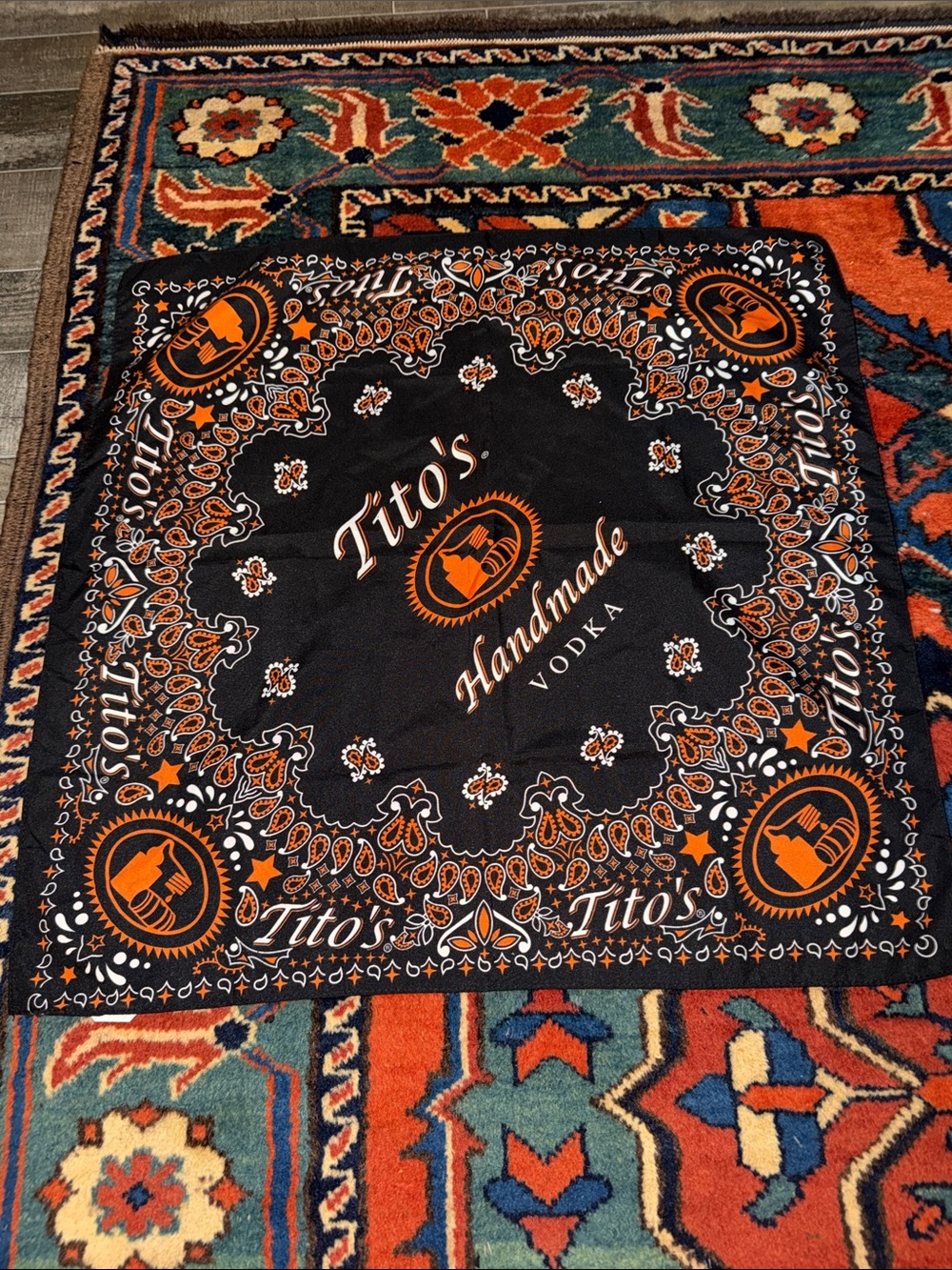 Tito's Handmade Vodka Paisley Bandana Black Orange Logo 21x21